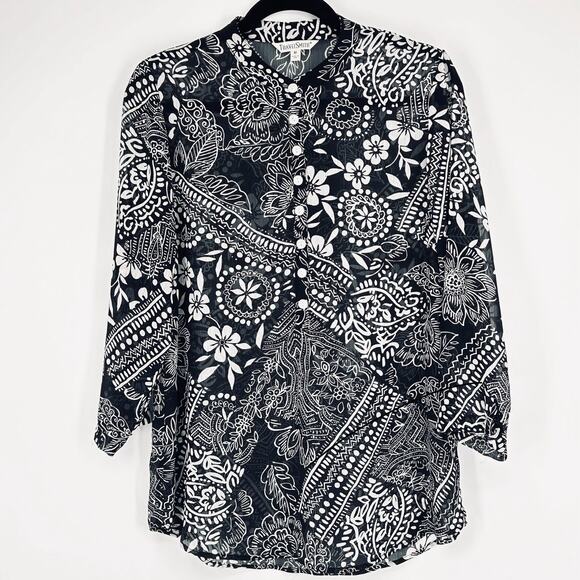 TravelSmith Boho Floral Black White Button Front Sheer Blouse Medium - Picture 1 of 5